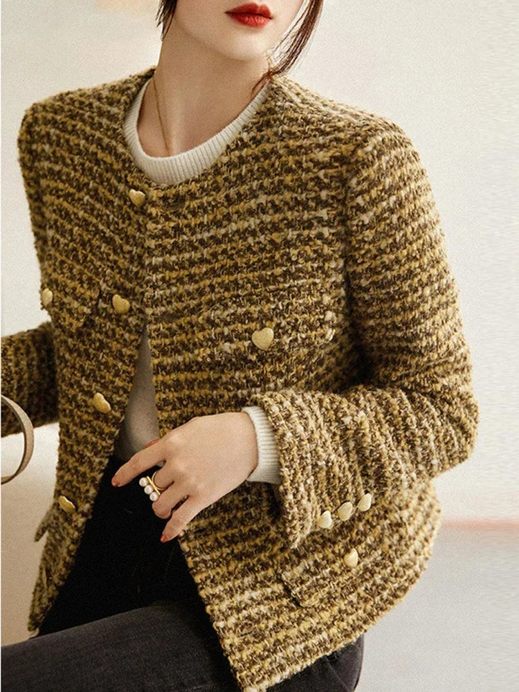 Elegant Retro Women's Gold Short Woolen Coat Autumn Winter Korean Fashion Tweed Coat Perfect Female OL Outwear Wool Jacket