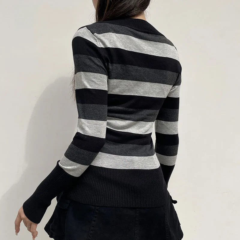 Vintage Gothic Stripe Slim Autumn Sweater Knitwear 90s Aesthetic Slim Knitted Pullover Harajuku V Neck Knit Jumpers