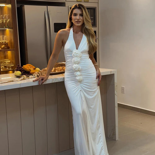 Load image into Gallery viewer, White Floral Ruched Sexy Maxi Dress For Women Gown Halter Deep V Neck Sleeveless Ruffled Bodycon Club Long Dress
