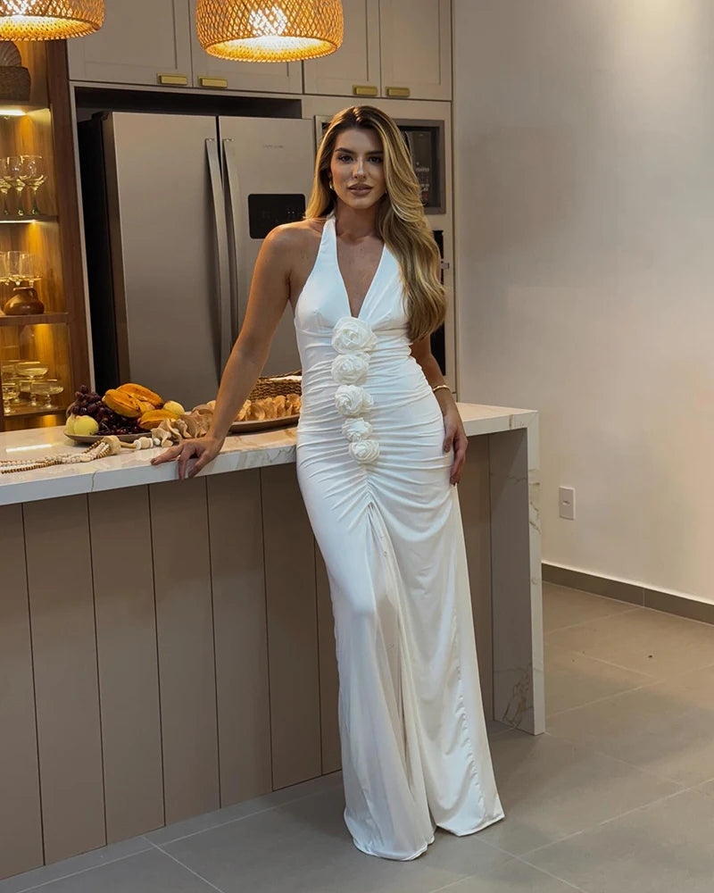 White Floral Ruched Sexy Maxi Dress For Women Gown Halter Deep V Neck Sleeveless Ruffled Bodycon Club Long Dress