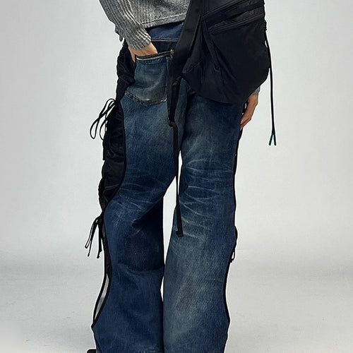 Load image into Gallery viewer, Hit Color Spliced Lace Up Fashion Wide Leg Pants for Women High Waist Sense of Design Long Pant Female Clothing New
