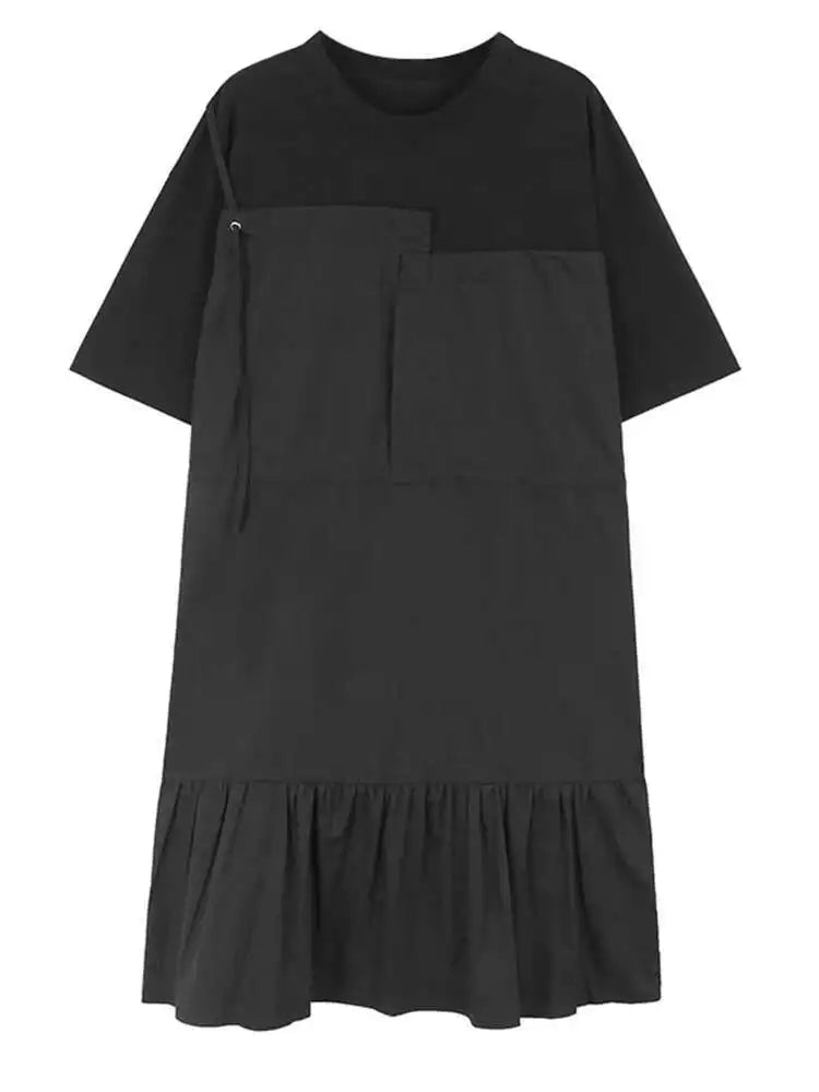 Women Khaki Color-block Pleated Big Size Midi Dress New Round Neck Short Sleeve Fashion Tide Spring Summer 2025 1DH5680