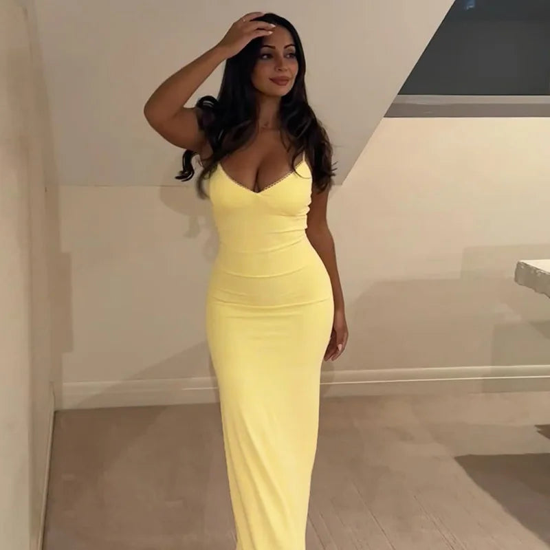Spaghetti Strap Backless Sexy Maxi Dress For Women Gown Summer New Yellow Sleeveless Bodycon Long Dress Vestido