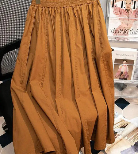 Vintage Black Large Size Midi Skirts Women Spring Summer Orange Elastic High Waist Pleated Umbrella Skirt Fashion Korean Popular