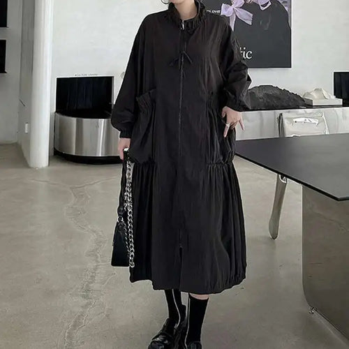 Load image into Gallery viewer, Women Khaki Pleated Big Size Casual Midi Dress New Stand Collar Long Sleeve Fashion Tide Spring Autumn 2025 1DH6824
