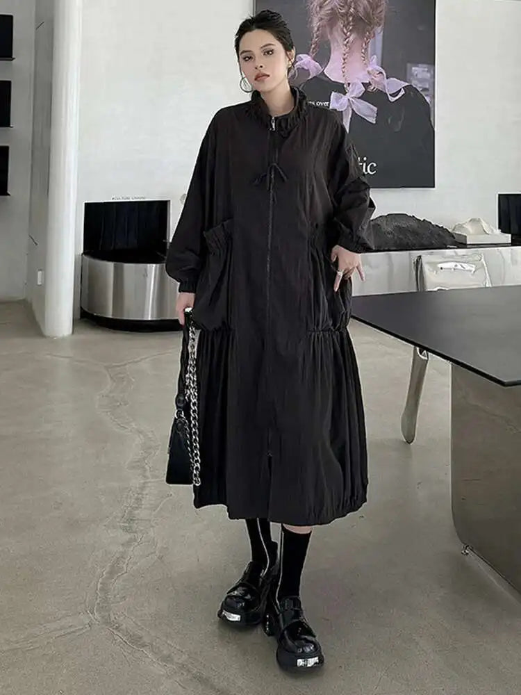 Women Khaki Pleated Big Size Casual Midi Dress New Stand Collar Long Sleeve Fashion Tide Spring Autumn 2025 1DH6824