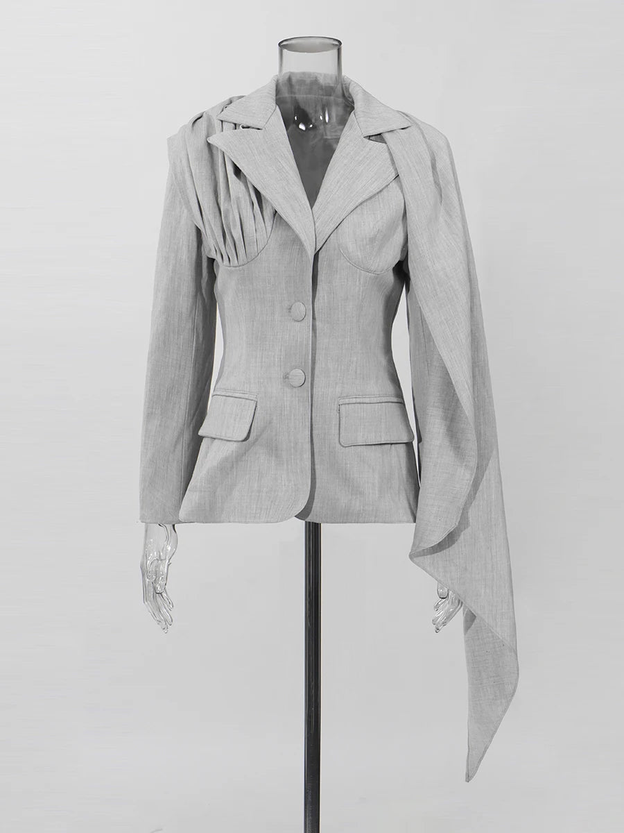 Slimming Spliced Ribbon Temperament Blazers for Women Lapel Long Sleeves Patchwork Folds Blazer Female Clothing New