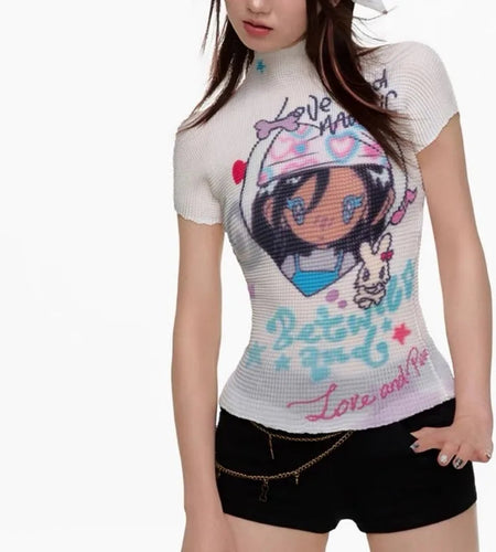 White T Shirts for Women Half High Collar Short Sleeve Tees Anine Print Tunic Crop Tops Chic Folds Camisetas Summer Y2k Tshirt