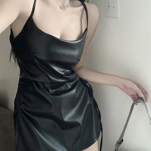 Load image into Gallery viewer, Leather Sexy Black Slip Dress Bandage Night Club Party Bodycon Wrap Spaghrtti Strap Mini Short Dresses
