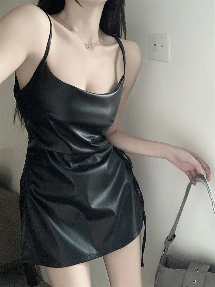 Leather Sexy Black Slip Dress Bandage Night Club Party Bodycon Wrap Spaghrtti Strap Mini Short Dresses