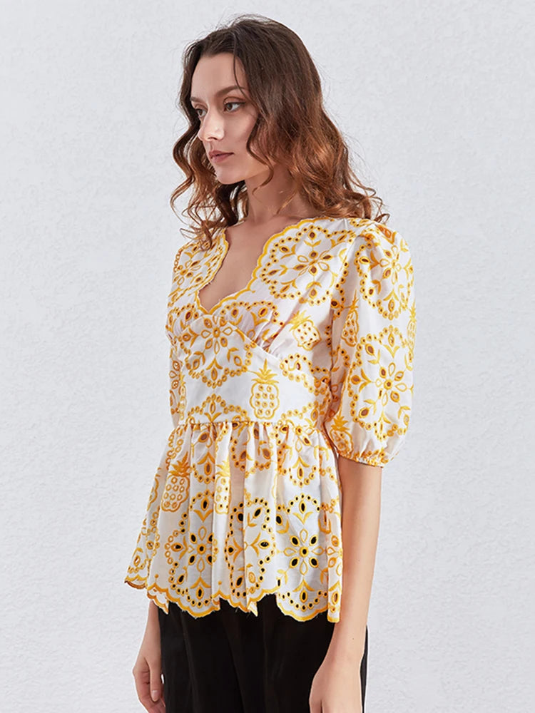 Slim Embroidery Shirt For Women Square Collar Lantern Sleeve Colorblock Blouses Female Spring Clothing Style