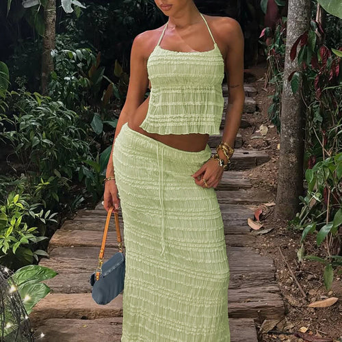 Load image into Gallery viewer, Elegant 2 Pcs Sets Halter Backless Lace Up Sexy Crop Camis Top Maxi Skirt Summer Women Y2K Outfits Beach Vacation Party
