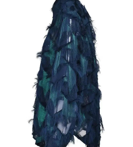 Women Blue Tassels  Hollow Out Big Size Blouse New Lapel Long Sleeve Loose Fit Shirt Fashion Spring Autumn 2025 1DF9110