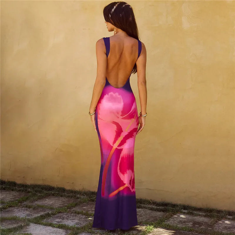 Backless Print Sexy Maxi Dress For Women Gown Fashion Elegant Square Collar Sleeveless Bodycon Ruched Long Dress