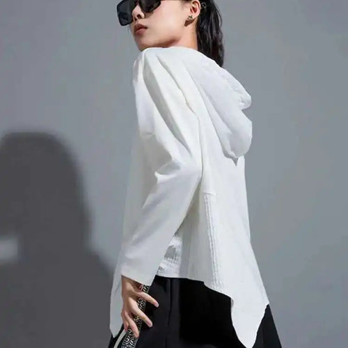 Load image into Gallery viewer, Women White Irregular Ribbon Big Size Casual T-shirt New Hooded Long Sleeve Fashion Tide Spring Autumn 2025 1DH0999
