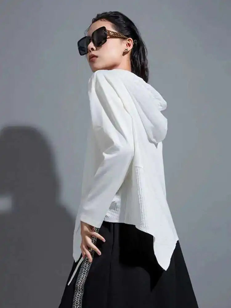 Women White Irregular Ribbon Big Size Casual T-shirt New Hooded Long Sleeve Fashion Tide Spring Autumn 2025 1DH0999