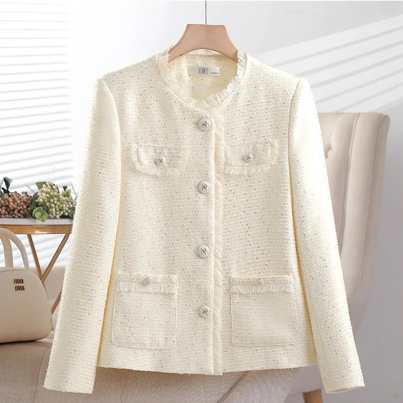 Korean Retro Pink Beige Women's Single Breasted Sequins Blazer Jacket 2024 New Spring Autumn Red Temperament Goddess Top Popular