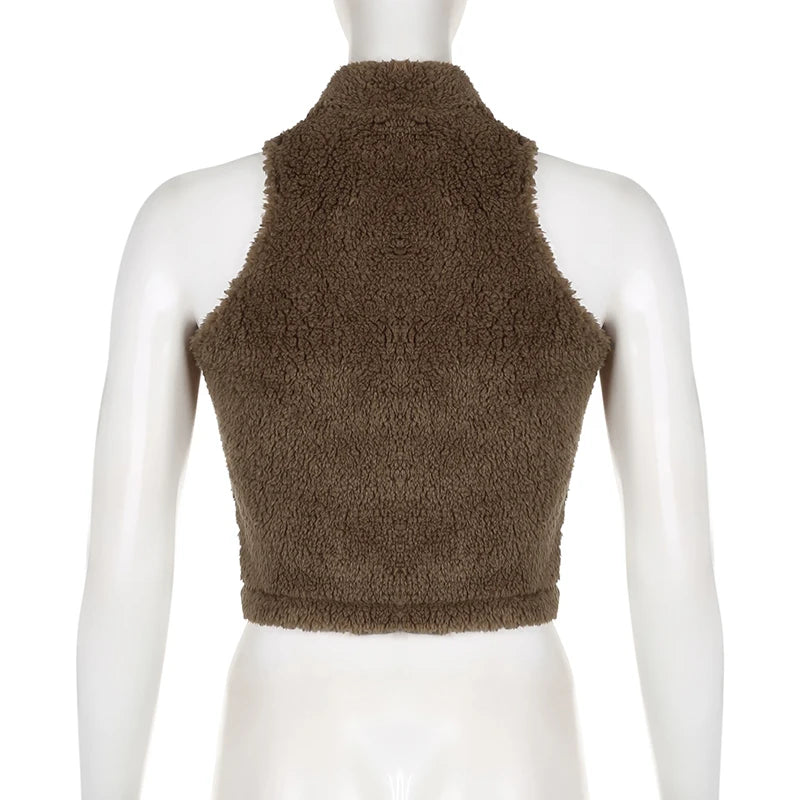 Fluffy Sleeveless Faux Fur Jacket Short Brown Vintage Fashion Y2K Bodycon Vest Jacket Zip-Up Coat Autumn Warm Outwear