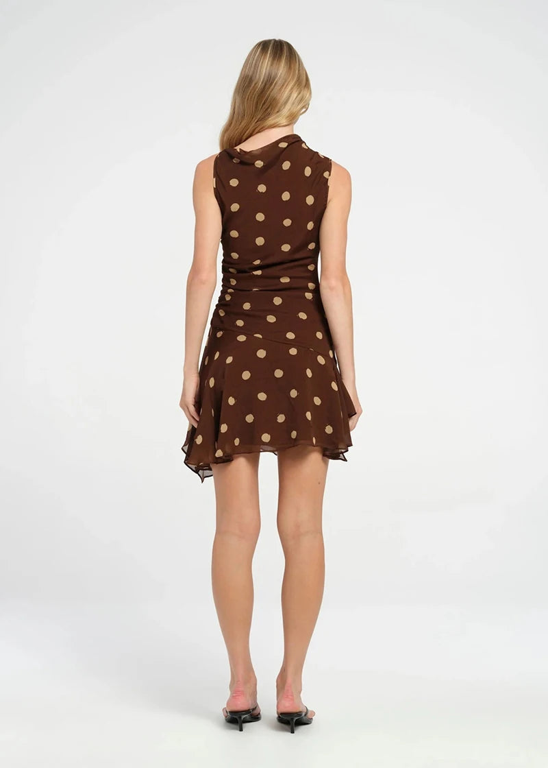 Sleeveless Polka Dot Dress For Woman Fashion Brown Print Mesh O Neck Ruched Mini Dress Elegant Irregular Dresses
