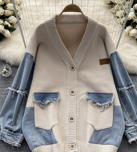 Korean Vintage Beige Patchwork Denim Single Breasted Knit Cardigan Sweater Autumn Winter Women New V Neck Long Sleeve Tops Trend