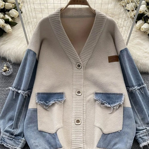 Load image into Gallery viewer, Korean Vintage Beige Patchwork Denim Single Breasted Knit Cardigan Sweater Autumn Winter Women New V Neck Long Sleeve Tops Trend
