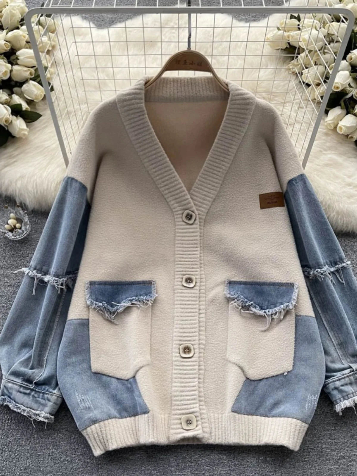 Korean Vintage Beige Patchwork Denim Single Breasted Knit Cardigan Sweater Autumn Winter Women New V Neck Long Sleeve Tops Trend