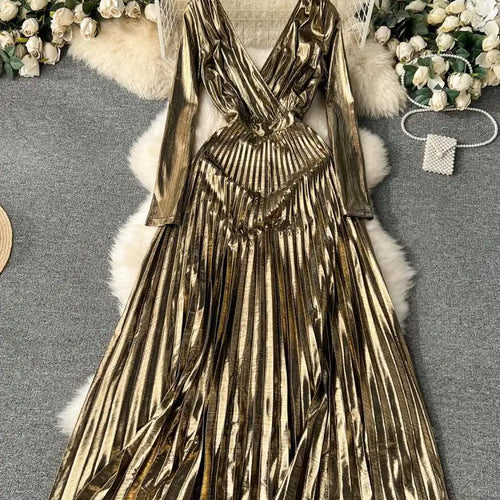 Load image into Gallery viewer, French Women Sexy Formal Green Elegant Backless Pleated Long Dress Autumn V Neck Long Sleeve Ladies Gold Evening Party Prom Gown
