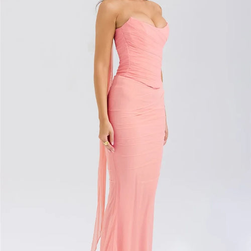 Load image into Gallery viewer, Wine Red Sexy Two Piece Sets Women Neckerchief Strapless Crop Tops And Maxi Skirt Sets Club Party Skirt Two Piece Sets
