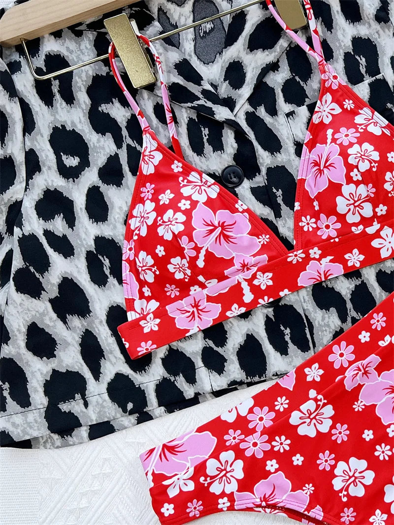 Sexy Flower Print Push Up Bikini Set High Cut Swimsuit High Waist Swimwear Halter Deep V Bathing Suit Women