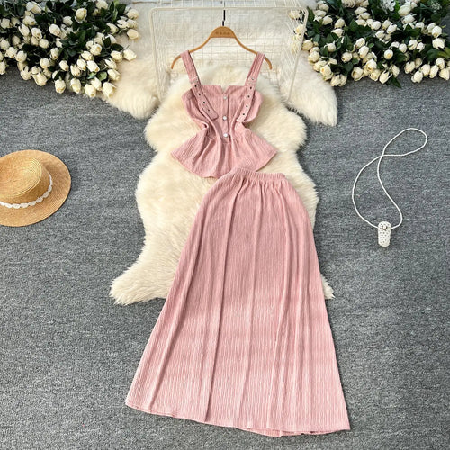 Load image into Gallery viewer, Summer Two Pieces Set Women Solid Sexy Club Elegant Button Backless Short Slip Tops And High Waist Pleated Long Skirt Suit Korea
