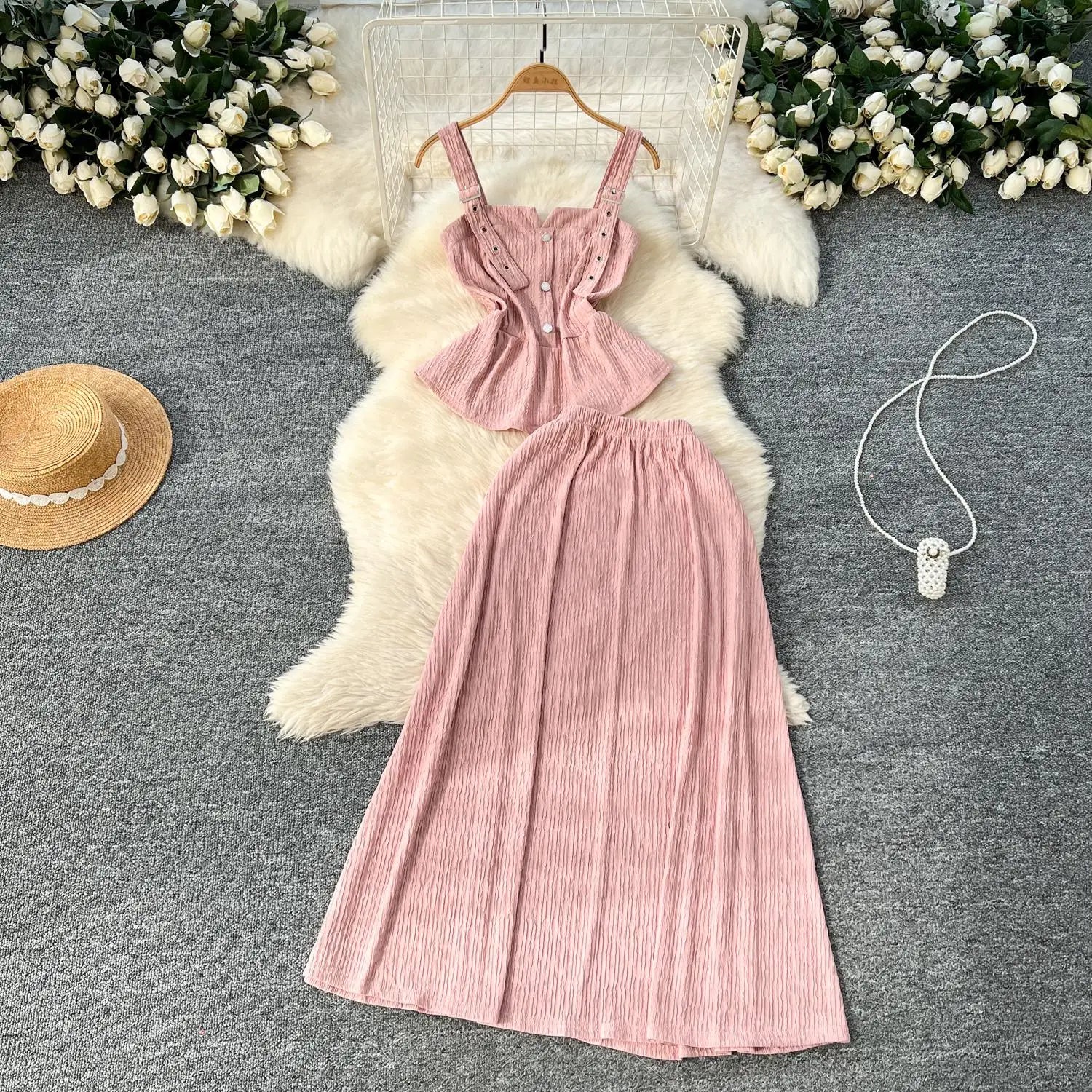 Summer Two Pieces Set Women Solid Sexy Club Elegant Button Backless Short Slip Tops And High Waist Pleated Long Skirt Suit Korea