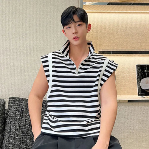 Load image into Gallery viewer, Fashion Men&#39;s Sleeveless T-shirt Stripe Male Top Stand Collar Contrast Color Men Top Summer Stylish Tide 9A7944
