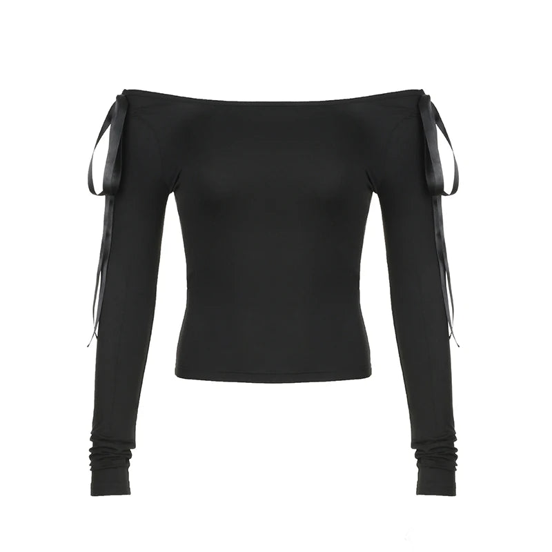 Streetwear Black Skinny Women T-shirts Off Shoulder Top Crop Tie Up Fashion Basic Tee Autumn All-Match Shirt Clothing