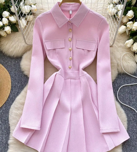 Spring Autumn 2025 New Women Fashion Black White Elegant Long Sleeved Short Dress Vintage Pink Single Breasted Party Dress Trend