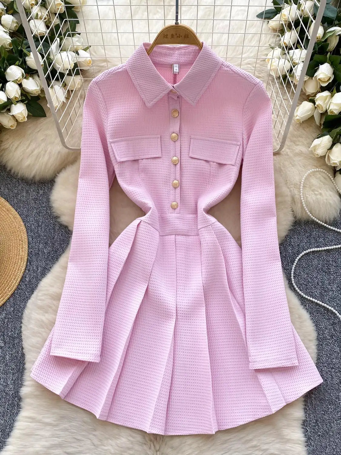 Spring Autumn 2025 New Women Fashion Black White Elegant Long Sleeved Short Dress Vintage Pink Single Breasted Party Dress Trend