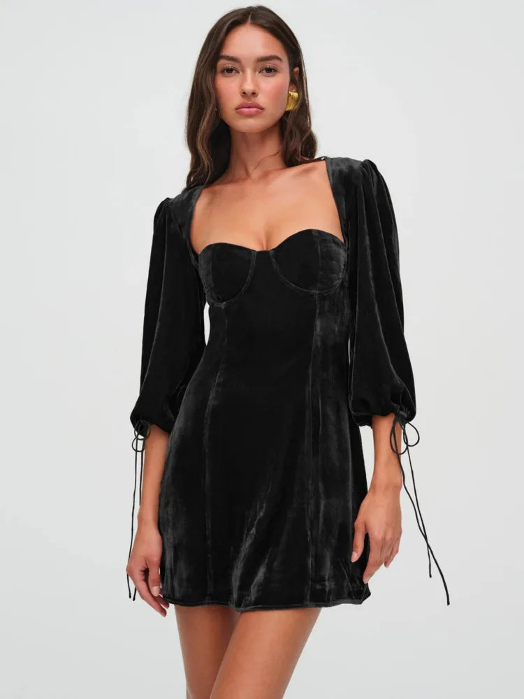 Elegant Long Sleeved Velvet Hollow Out Dress Women Sexy Backless Party Evening Dress Autumn/Winter 2025 New Slim Vestido