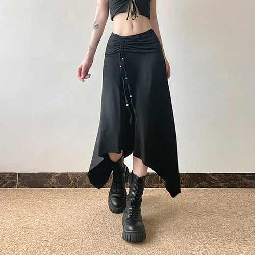 Load image into Gallery viewer, Gothic Dark Harajuku Asymmetrical Maxi Skirt Beading Drawstring Folds Autumn Women Skirts Long Korean Party Clothing
