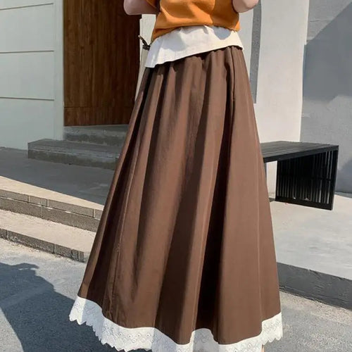 Load image into Gallery viewer, French Black White Patchwork Lace High Waist Vacation Pleated Long Skirt Spring Summe Women Retro Elegant Drawstring Party Skirt
