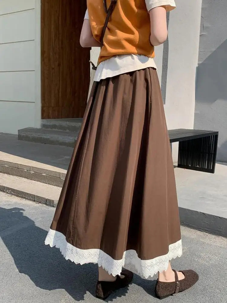 French Black White Patchwork Lace High Waist Vacation Pleated Long Skirt Spring Summe Women Retro Elegant Drawstring Party Skirt