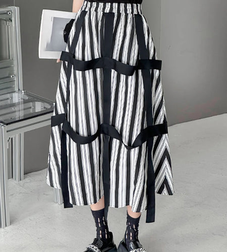 High Elastic Waist Striped Ribbons Long A-line Casual Half-body Skirt Women Fashion Tide New Spring Autumn 2025 1DH8206