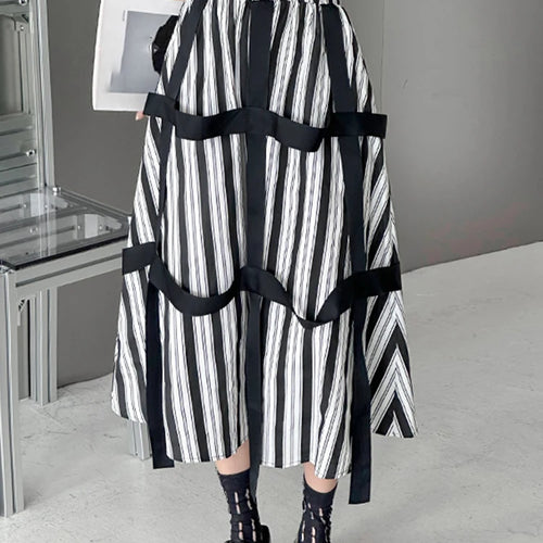 Load image into Gallery viewer, High Elastic Waist Striped Ribbons Long A-line Casual Half-body Skirt Women Fashion Tide New Spring Autumn 2025 1DH8206
