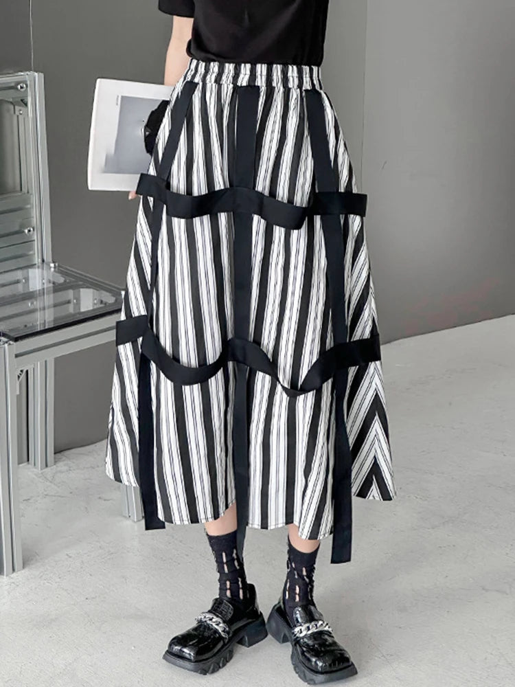 High Elastic Waist Striped Ribbons Long A-line Casual Half-body Skirt Women Fashion Tide New Spring Autumn 2025 1DH8206