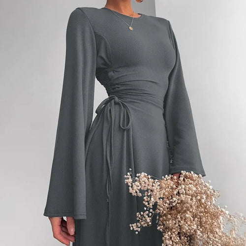 Load image into Gallery viewer, Ribbed Bandage Sexy Maxi Dress For Women Solid Lace-up O Neck Long Sleeve High Waist Elegant Long Dress Fashion
