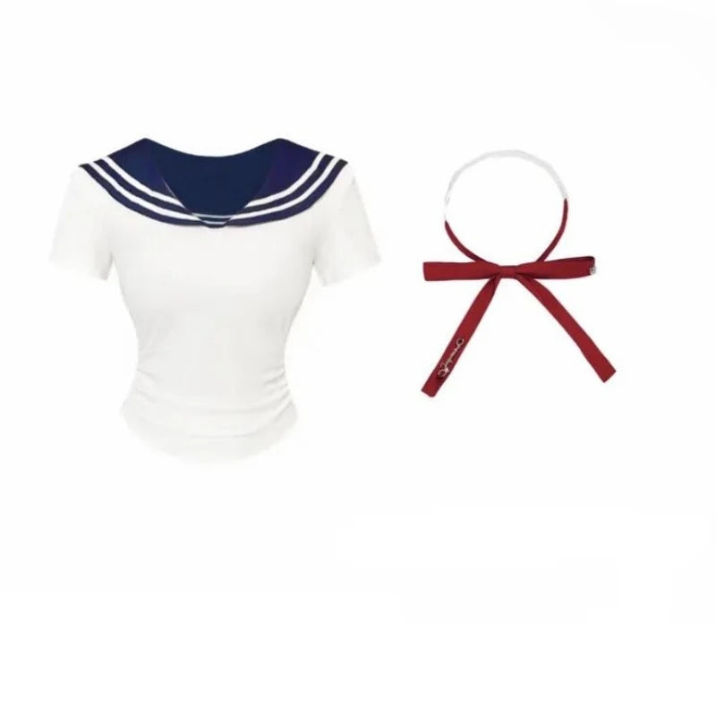 Preppy Style Two Pieces Set Women Patchwork Sailor Collar Grunge T-shirt + Y2k Aesthetic Mini Pleated Skirts Harajuku Outfits