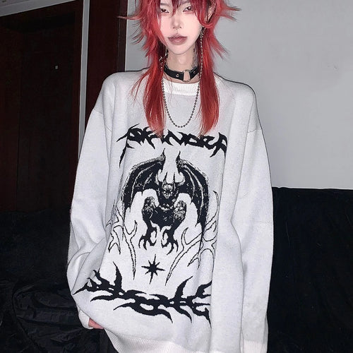 Load image into Gallery viewer, Oversized Harajuku Grunge Cartoon Jacquard Sweaters Streetwear Vintage Punk Jumpers Women Y2k Aesthetic White Casual Pullovers
