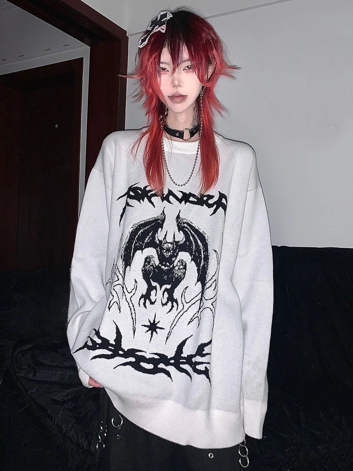 Oversized Harajuku Grunge Cartoon Jacquard Sweaters Streetwear Vintage Punk Jumpers Women Y2k Aesthetic White Casual Pullovers