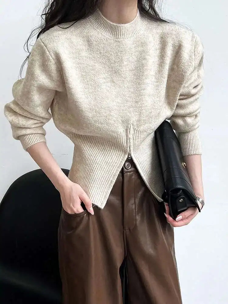 Gray Hen Zipper Big Size Knitting Sweater Round Neck Long Sleeve Women Pullovers New Fashion Spring Autumn 2025 1DH1073