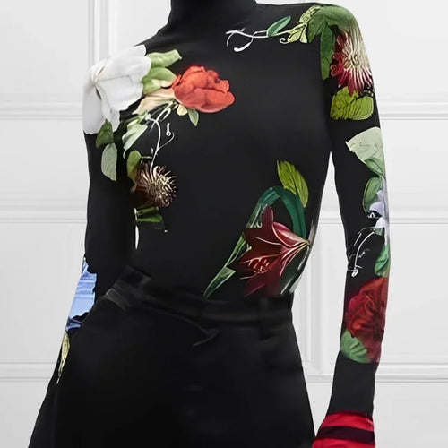 Load image into Gallery viewer, Autumn Winter Women&#39;s Vintage Pullover Tops Long Sleeves Skinny Floral Printed Split-Joint High Neck Trendy T-shirts for Woman
