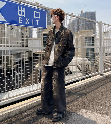 Fashion Men's Denim Two-piece Set Worn-out Male Suit Turn-down Collar Single Breasted Jacket Straight Jeans 9C8911