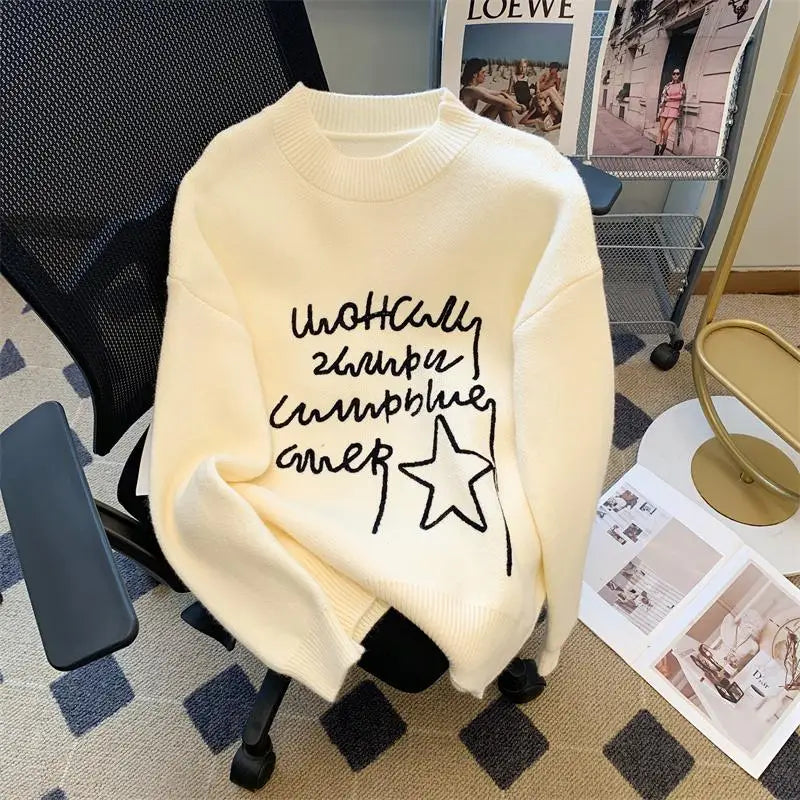 Women's Letters Star Shaped Long Sleeve Round Neck Sweater Autumn Winter Elegant Festival Versatile Knitted Thick Pullover Tops